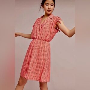 Anthropologie‎ Maeve Carlotta Ruched Dress Pointed Collar Chain MIDI Faux Wrap